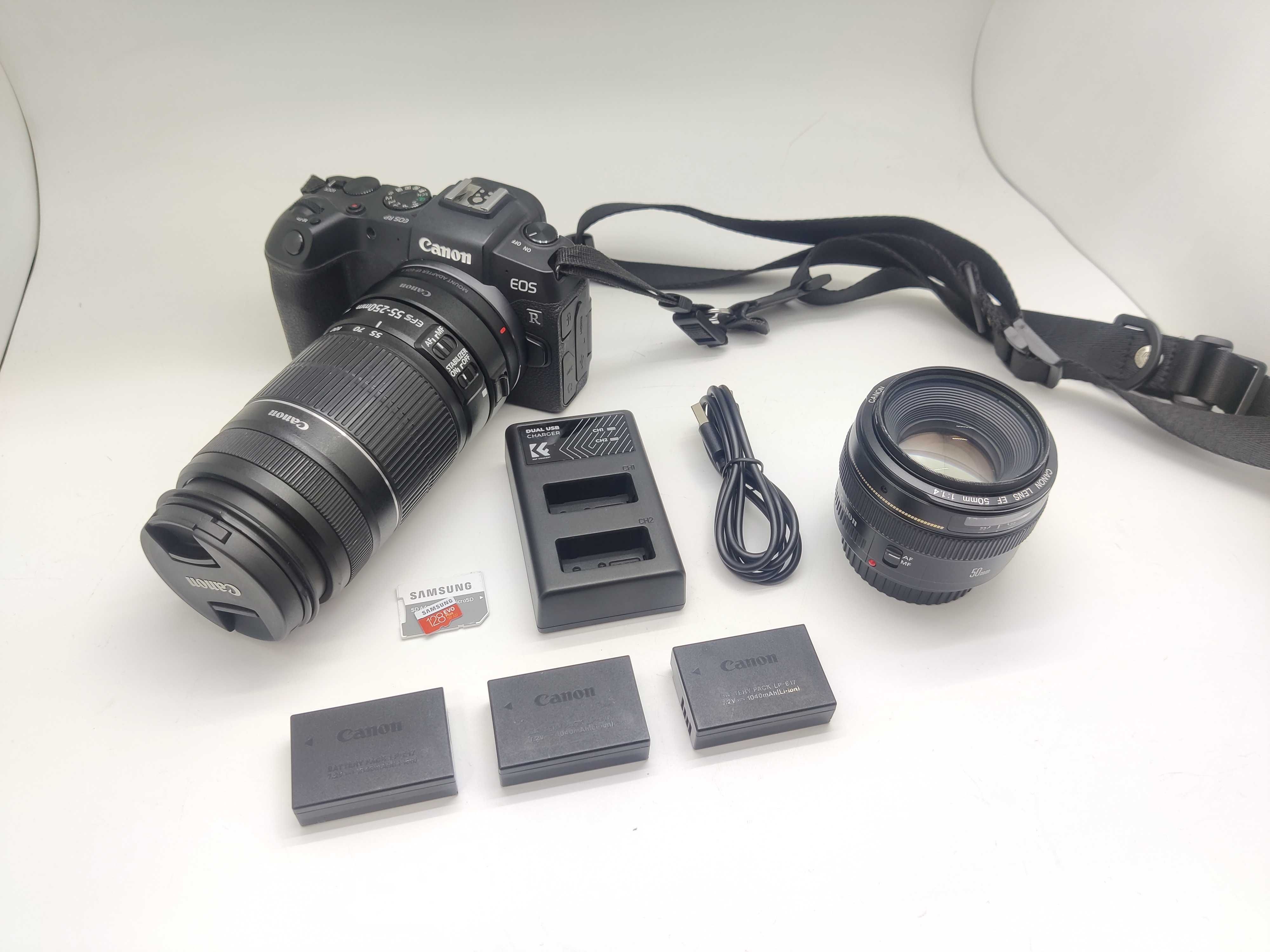 Canon EOR RP obiektywy 50mm + EFS 55-250mm adapter EF-EOS R 3 baterie