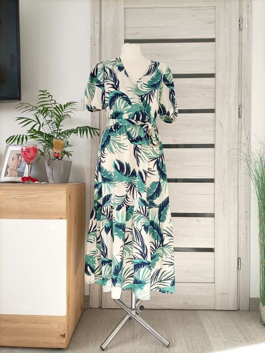 Długa sukienka maxi mind lniana w liście letnia wiosenna lato wiosna z