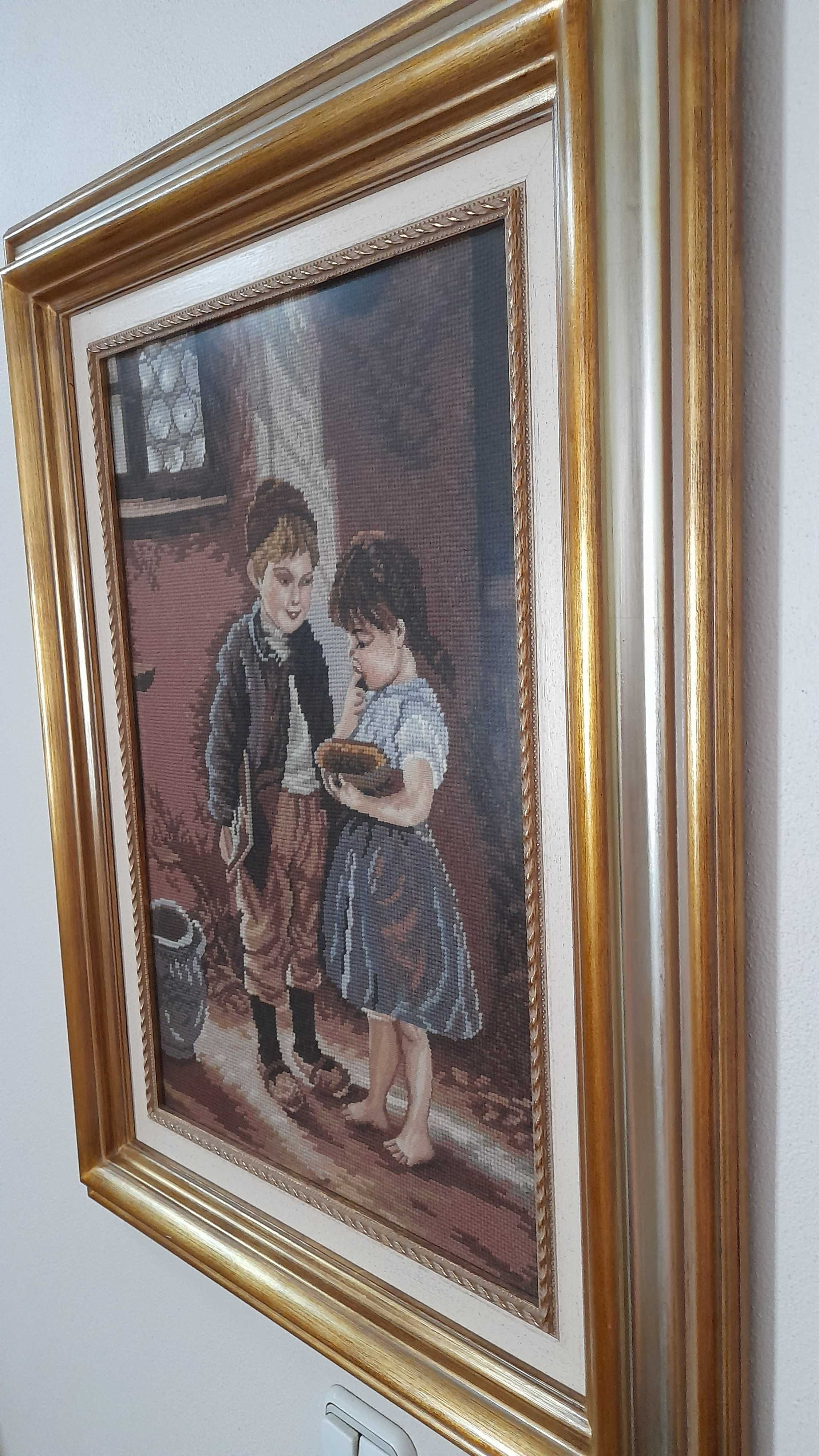 Quadro bordado à mão com casal de crianças 80x58cm