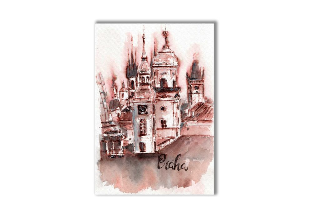 Grafika oryginalna " Praga" ręcznie malowana + rama