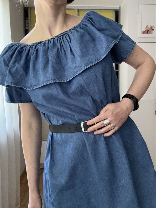 Sukienka mini 36 z falbaną hiszpanka na lato jeansowa luźna Monki