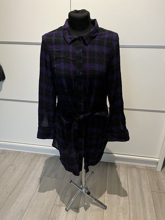 piękna fioletowa koszulowa sukienka | wiązanie,długi rękaw |rozmiar 36