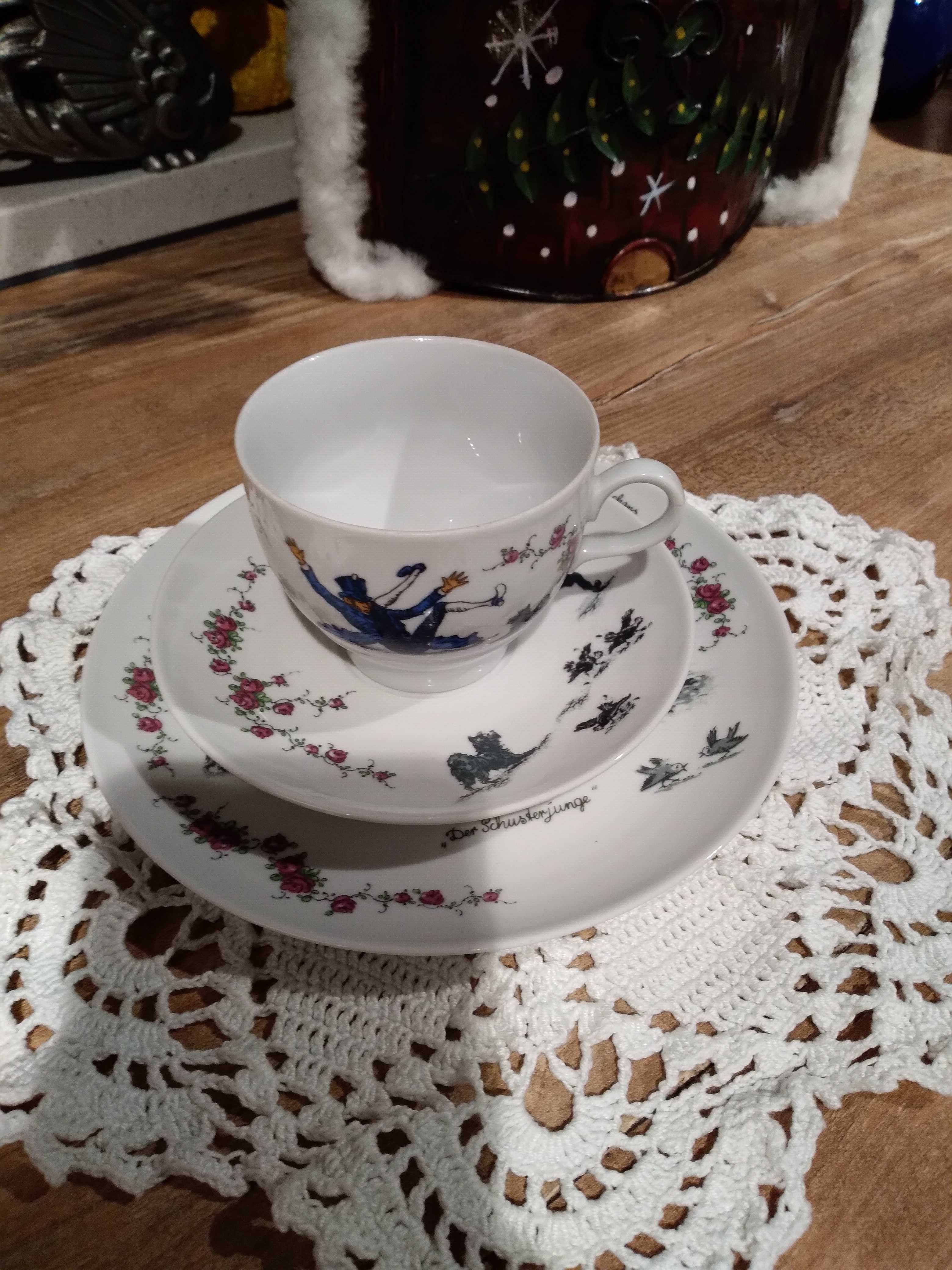 unikatowa filiżanka z dwoma talerzykami, porcelana