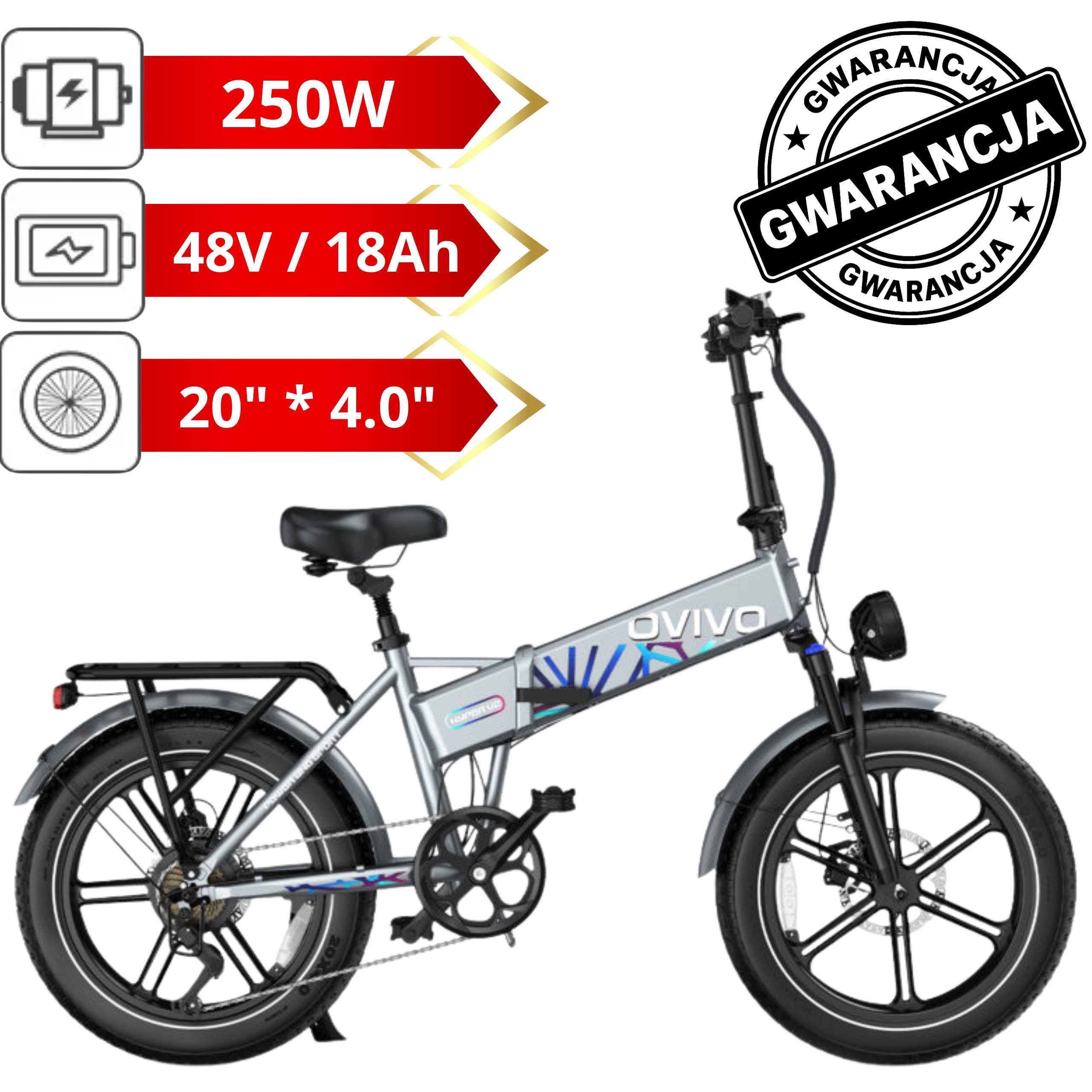 Składany Rower elektryczny OVIVO HYPER V2 | 250W | 48V/18Ah | Szary!!!