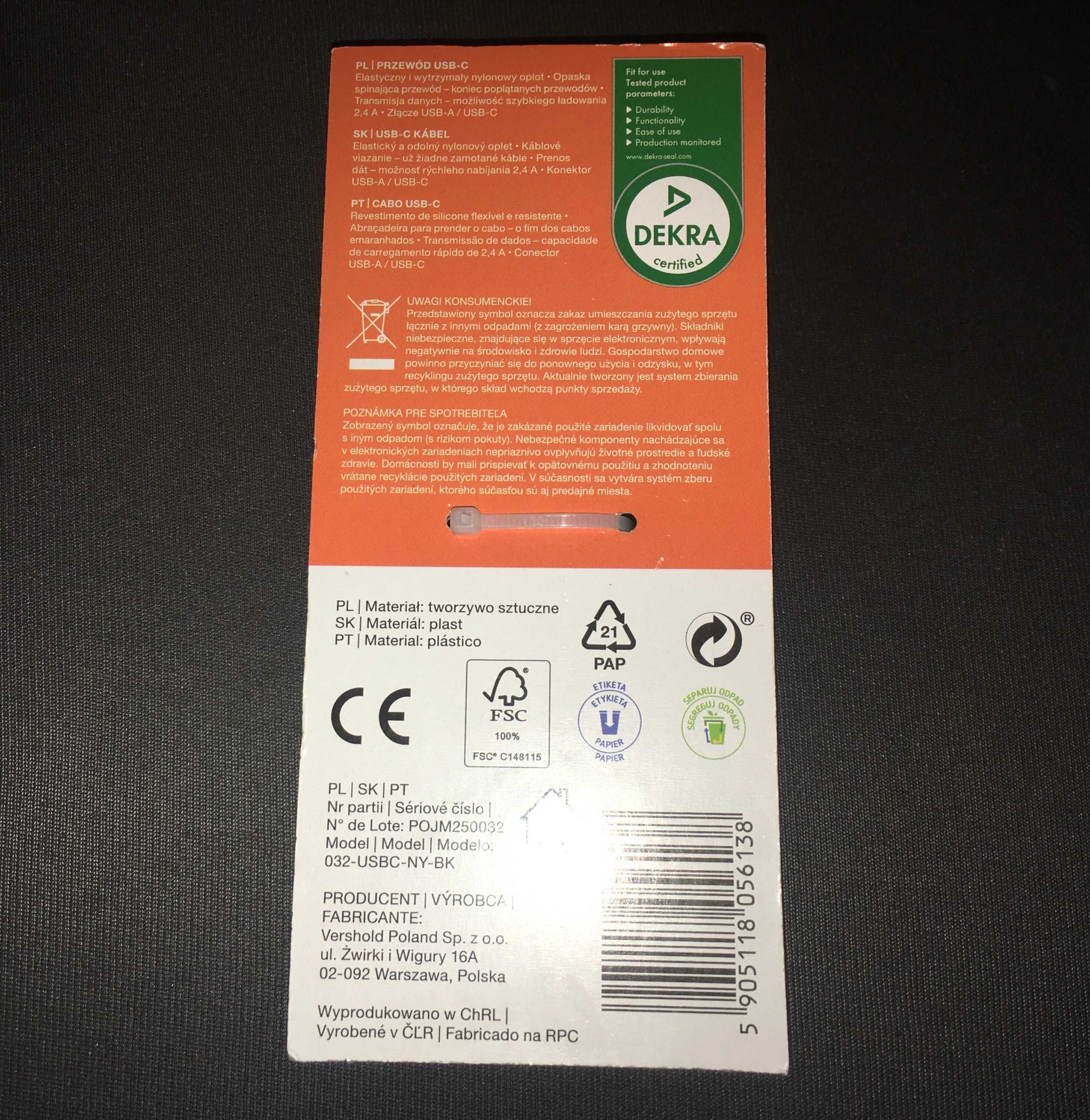 Kabel USB - Typ C Hykker Fast Charge Nylonowy Oplot Ładowarka 1,5m