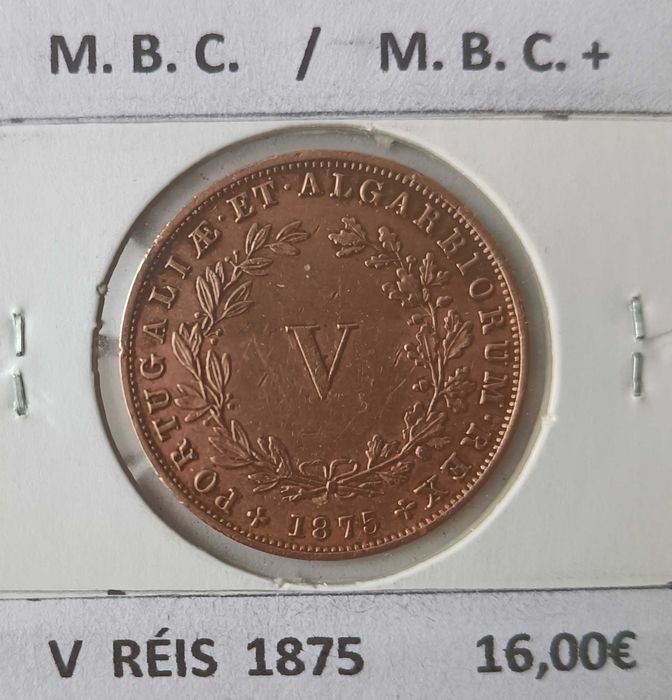 Moeda V Réis Cobre 1875 Monarca Português D. Luiz I (4ª Dinastia)