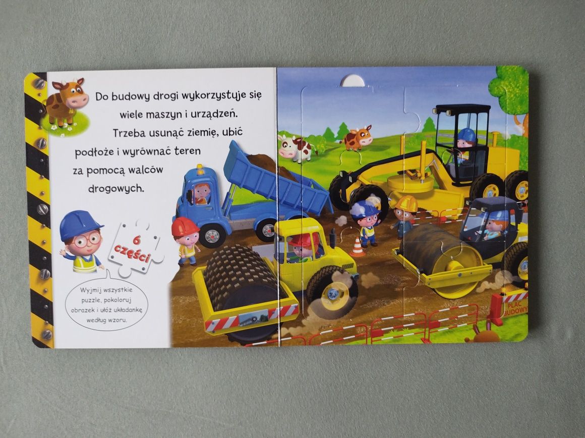 Książka, puzzle i kolorowanka 3w1 Mały chłopiec Maszyny Budowlane