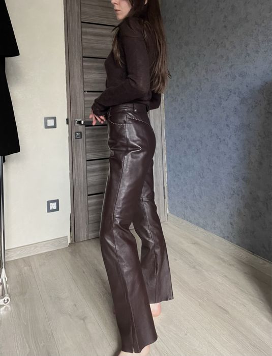 Шкіряні брюки штани прямого крою натуральна шкіра шоколадного