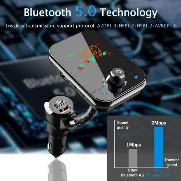 FM-передавач Bluetooth 5.0, автомобільний радіоадаптер, 1,6-дюймовий к