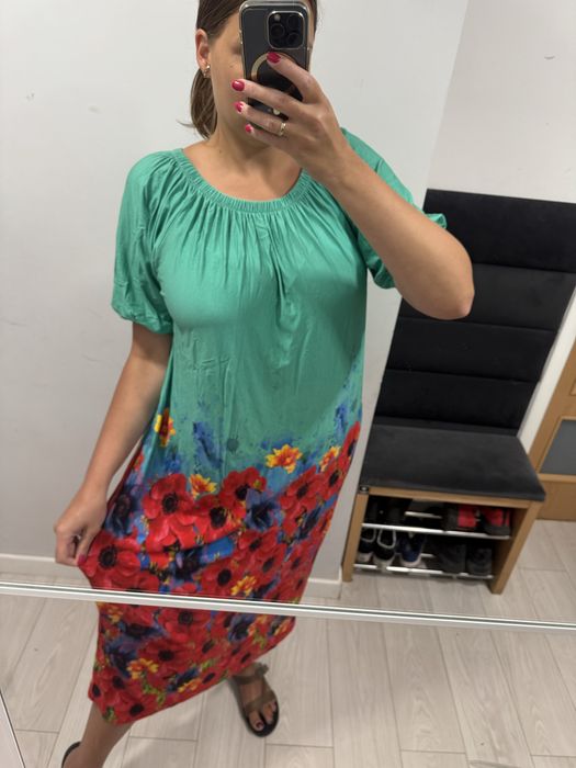 Długa sukienka wiskozowa zielona w kwiaty bufiaste rękawy 4XL