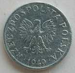 moneta 1 grosz z 1949 roku, PRL bez znaku menniczego