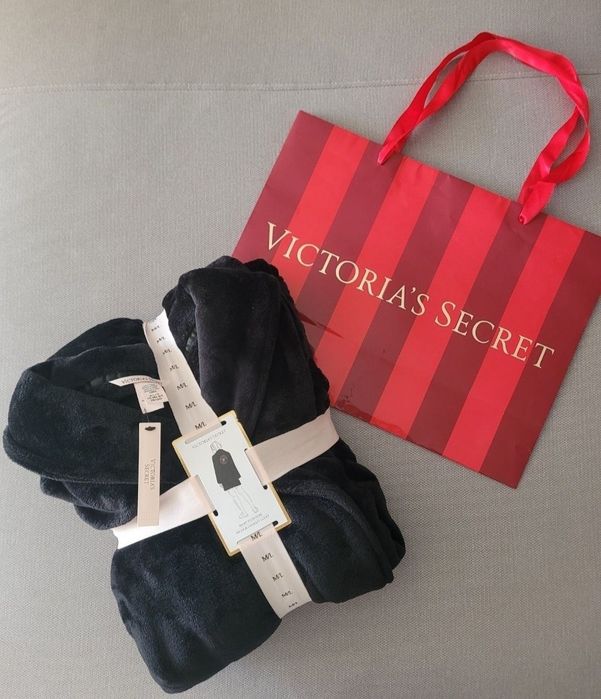 VICTORIA'S SECRET oryginalny z USA szlafrok pluszowy czarny logo M L