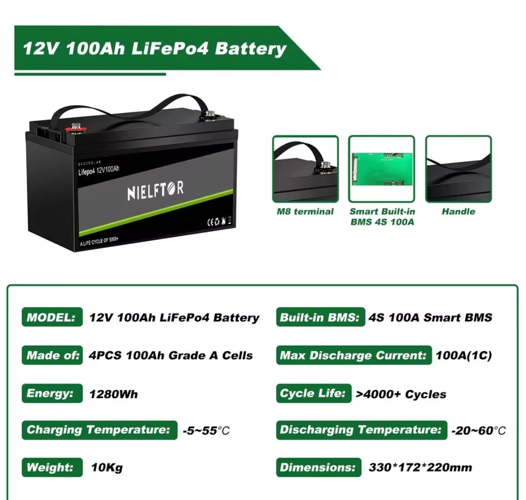 Nowy akumulator Nielftor LiFePO4 12V z wbudowanym BMS