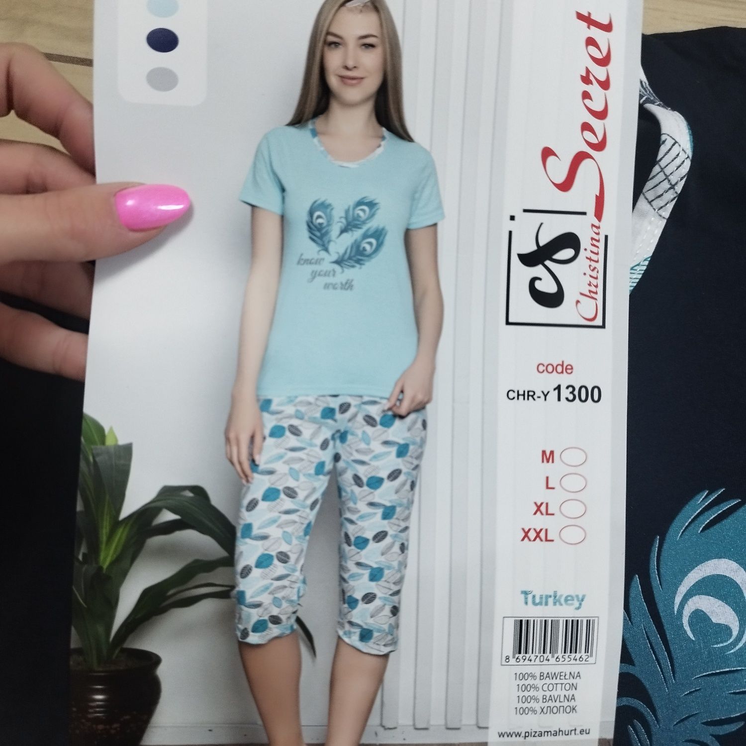 Piżama damska krótki rękaw rybaczki granat pióro XL