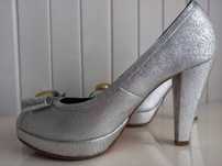 srebrne szpilki peep-toe, z kokardka, r. 38