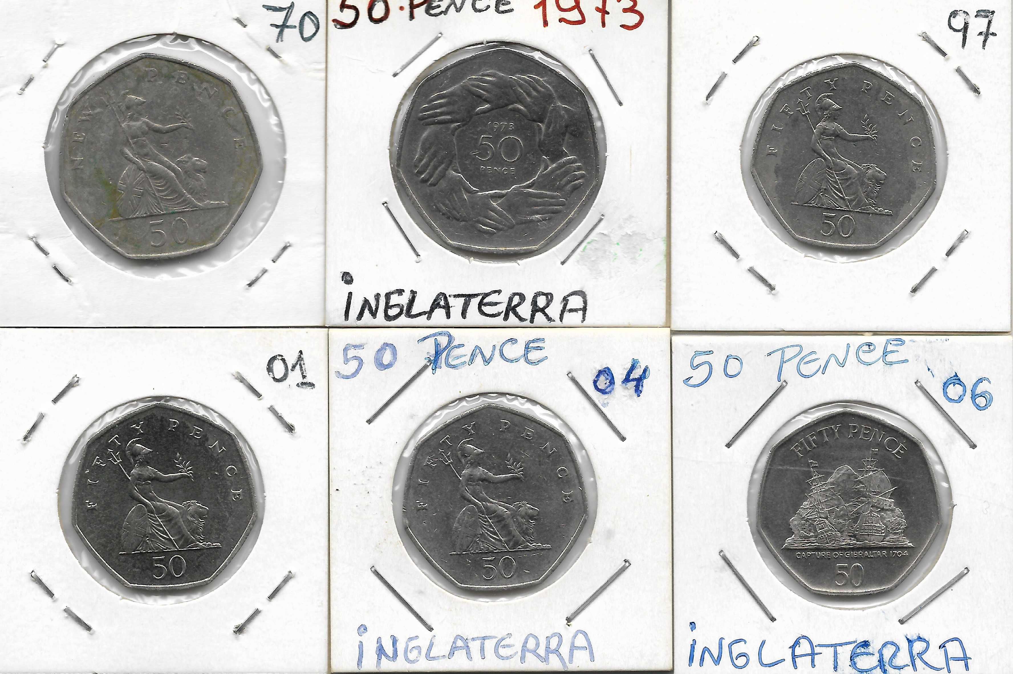 6 Moedas de Inglaterra de 50 pence. Várias datas.