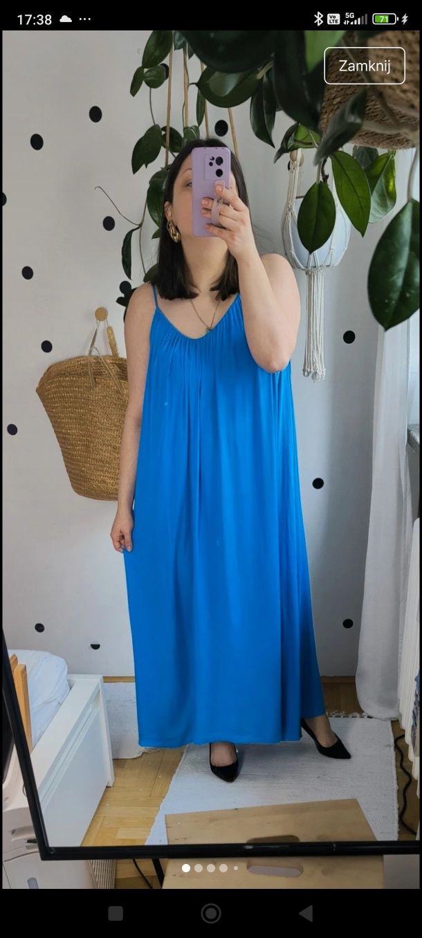 Xl/xxl długa maxi do ziemi niebieska kobaltowa satynowa luźna rozklosz
