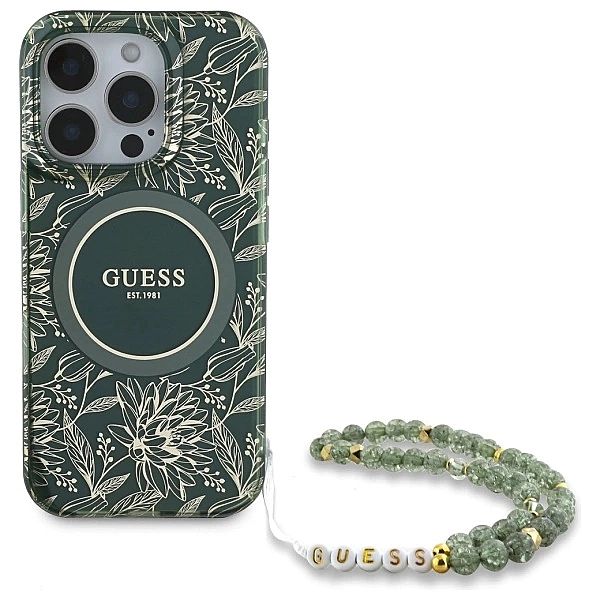 Etui Guess IML Flowers Allover Electro With Pearl Strap MagSafe na iPh