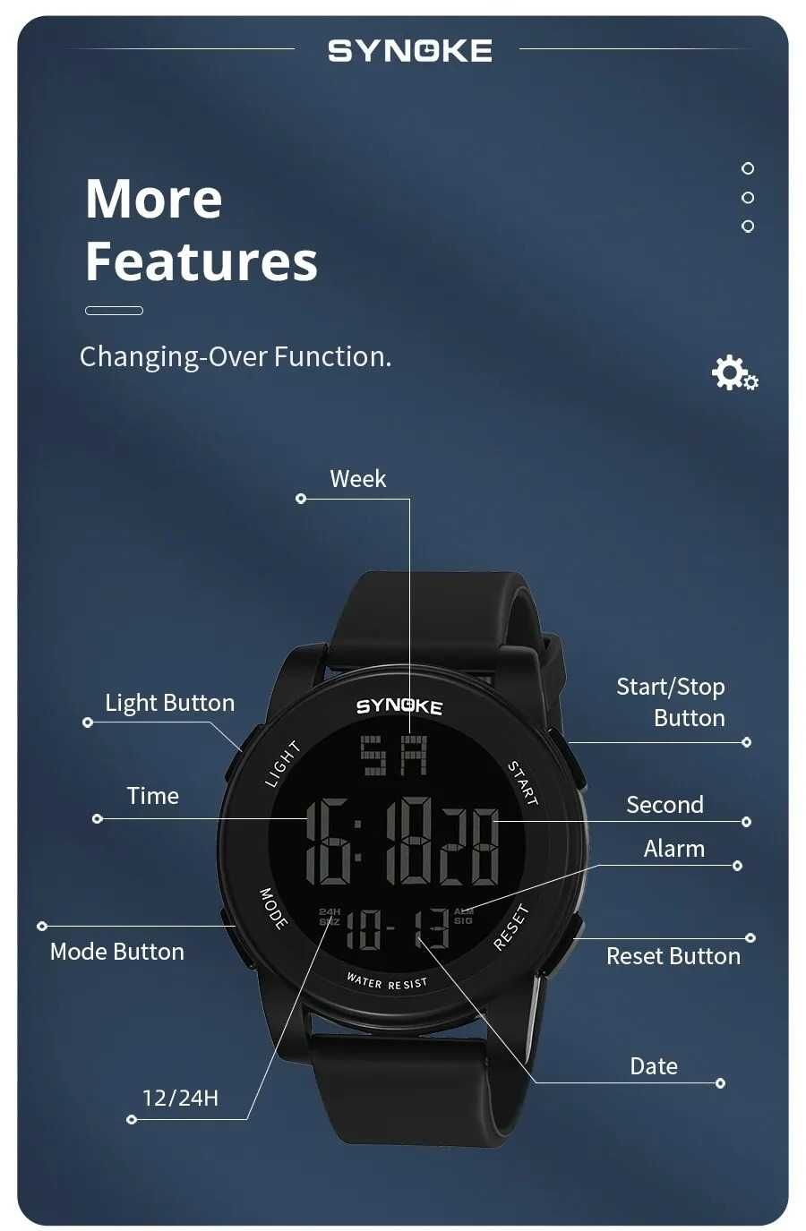 Duży sportowy zegarek Synoke elektroniczny cyfrowy wojskowy LED WR50