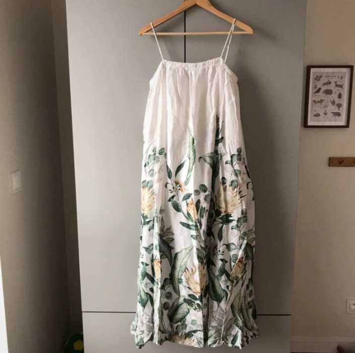H&M dluga maxi lniano bawelnia a letnia sukienka w kwiaty boho L/XL