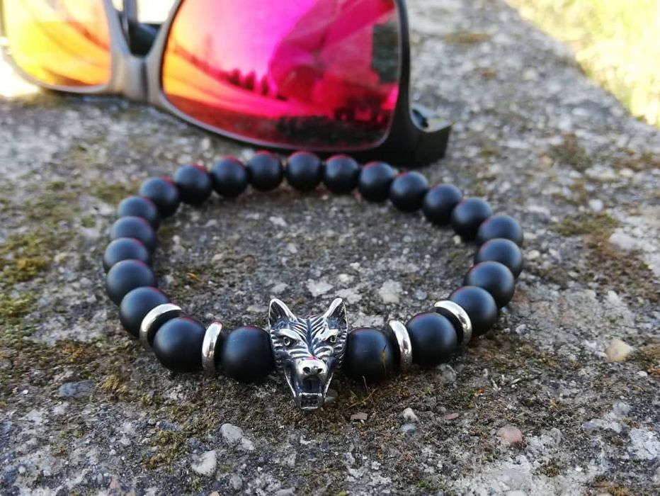 Pulseiras Masculinas Lobo com Pedras Naturais