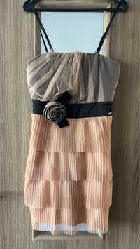 Krótka, wizytowa sukienka z ozdobną różą, styl Vintage r. XS
