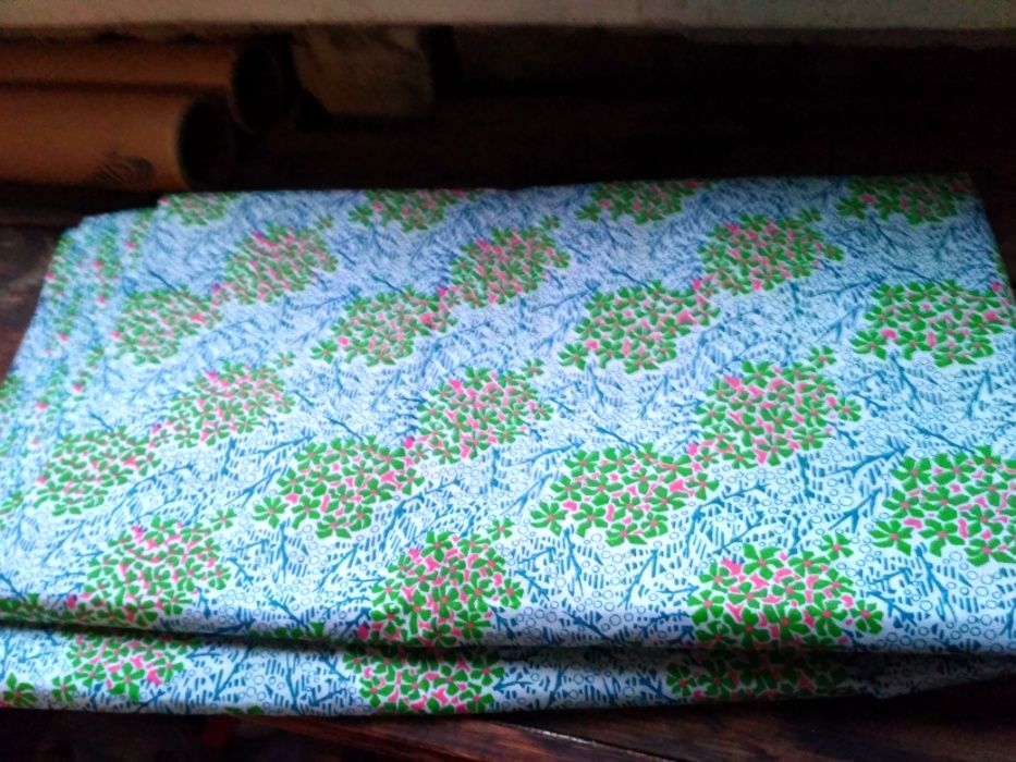 Ткань ссср винтаж советских зелёных цветов на голубом фоне 6м 2 холста