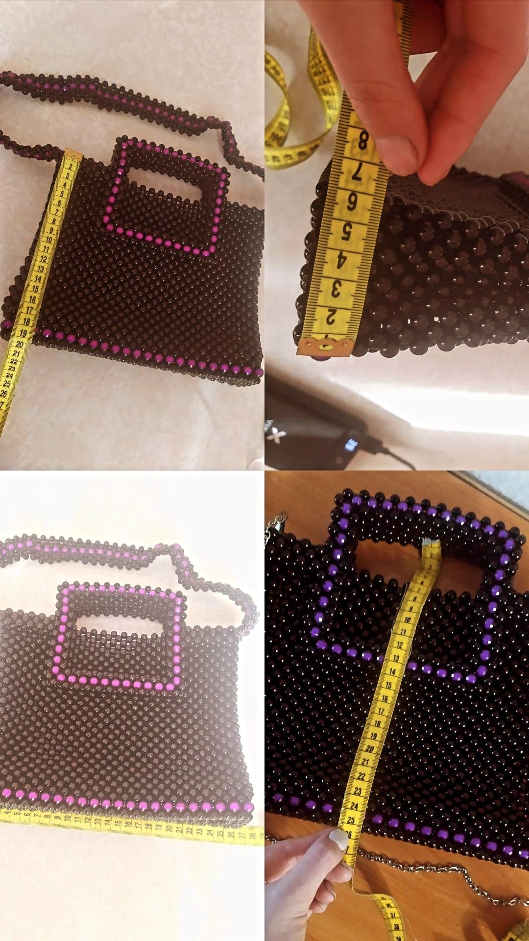 Чорна, фіолетова,  сумка з бусин, намистин + пояс