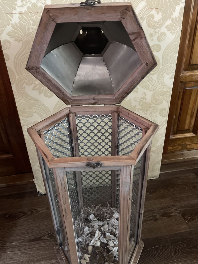 Lampion latarnia drewno metaloplastyka boho vintage 80 cm