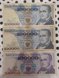 Banknoty prl  100000 x 3 sztuki seria -AB,BT S