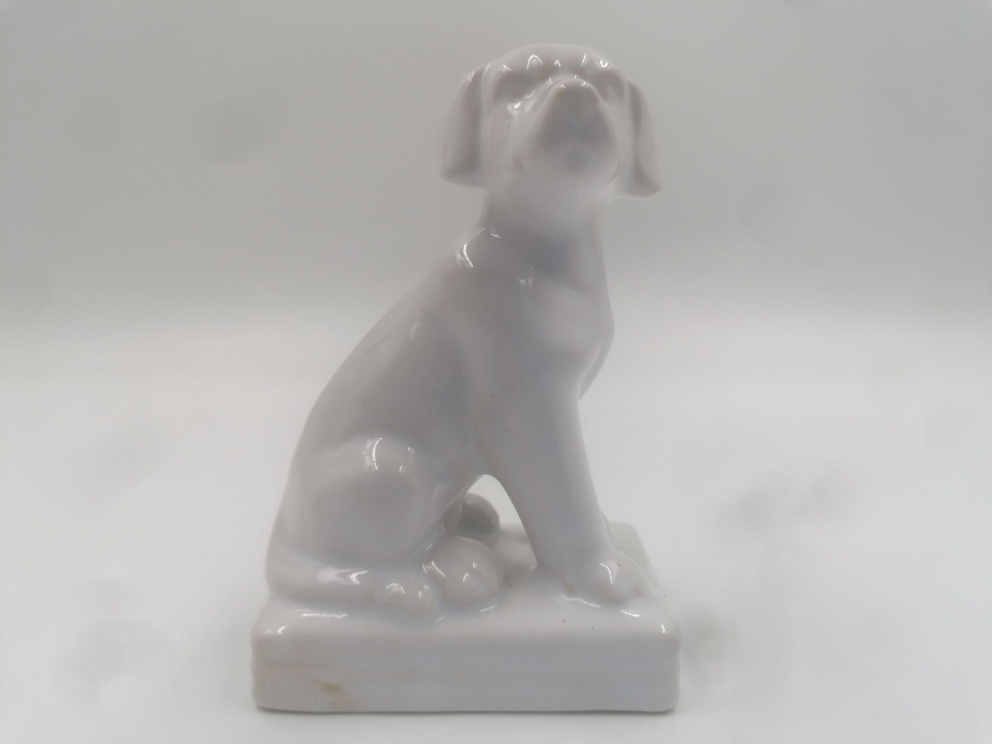 Ciekawa biała porcelanowa figurka psa na podstawie