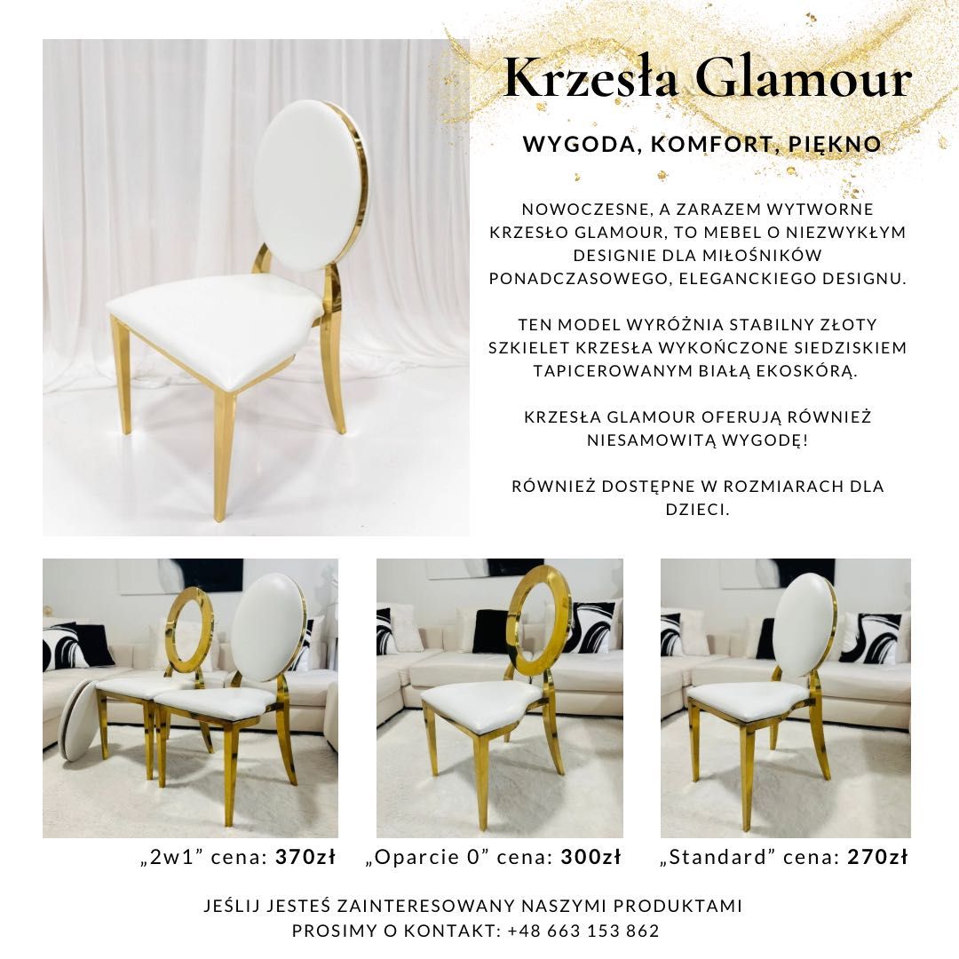 Eleganckie krzesła glamour – złote krzesła biało złote