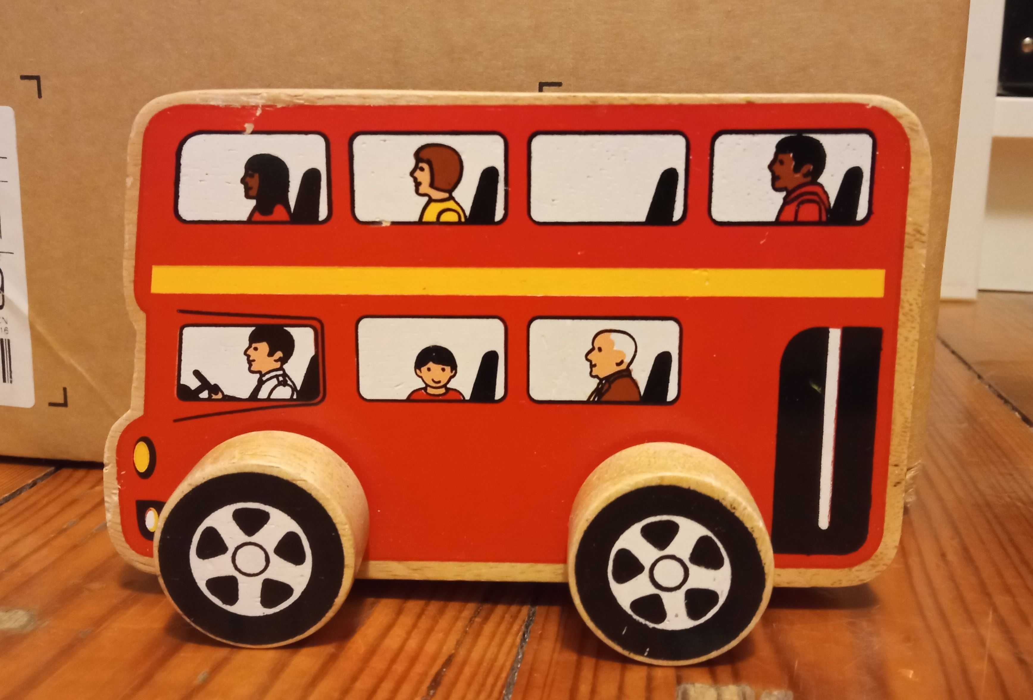 Drewniane autko, zabawka, dwupiętrowy autobus z UK