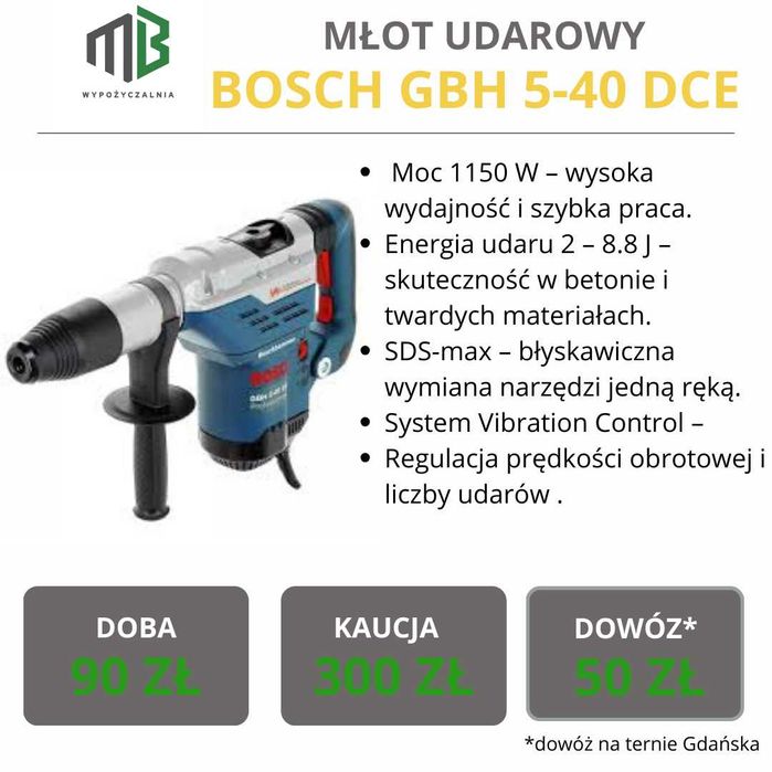 Młot wyburzeniowy / Młotowiertarka / Wiertarka/ Zakrętarka na WYNAJEM