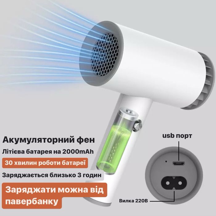 Акумуляторний НОВИЙ бездротовий фен  беспроводной автономний