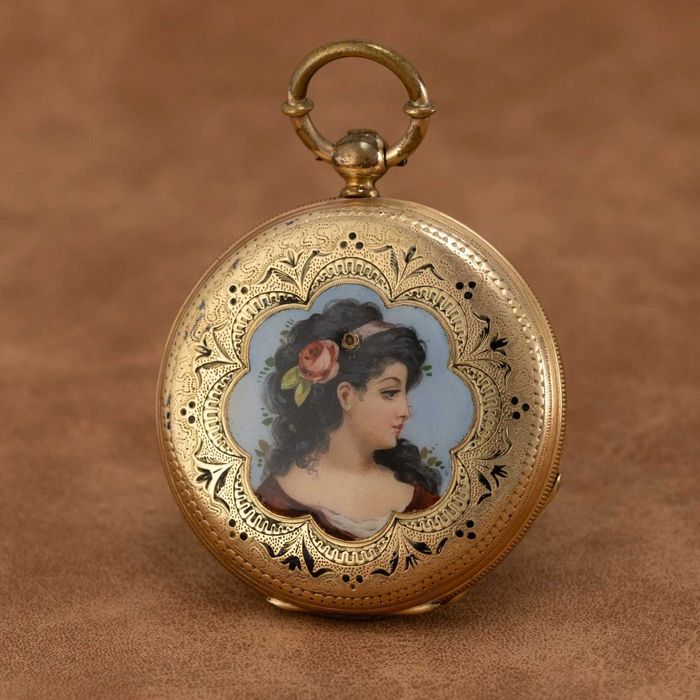 Jules Gindraux, Locle - Reloj de bolsillo | Oro 14kt y esmalte