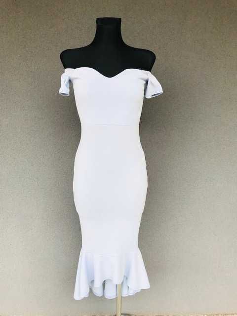 Sukienka asymetryczna midi z falbaną dopasowana rybka syrenka błękitna