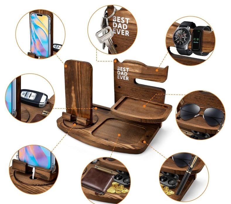 Drewniana podstawa do ładowania telefonu na klucze portfel i zegarek