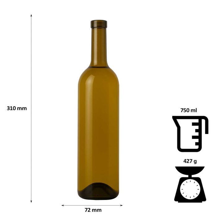 Zestaw 30 sztuk - butelka BORDEAUX 750 ml oliwkowa na wino z korkiem