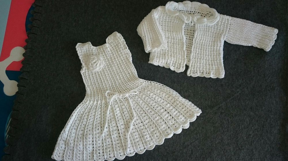 Sukienka do Chrztu Św ręcznie robiona + sweterek + akcesoria