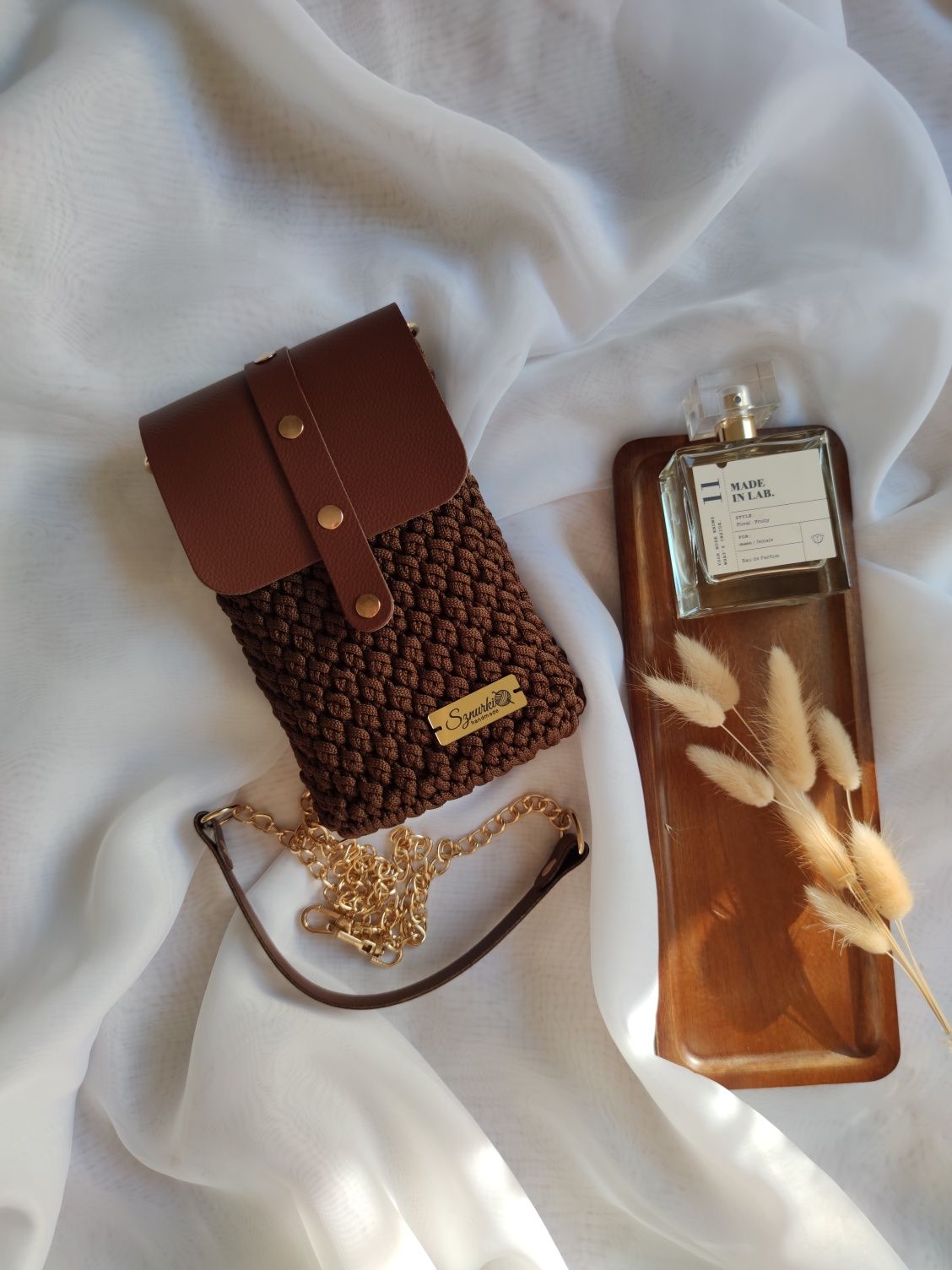 Torebka mini phone bag brąz handmade skórzana