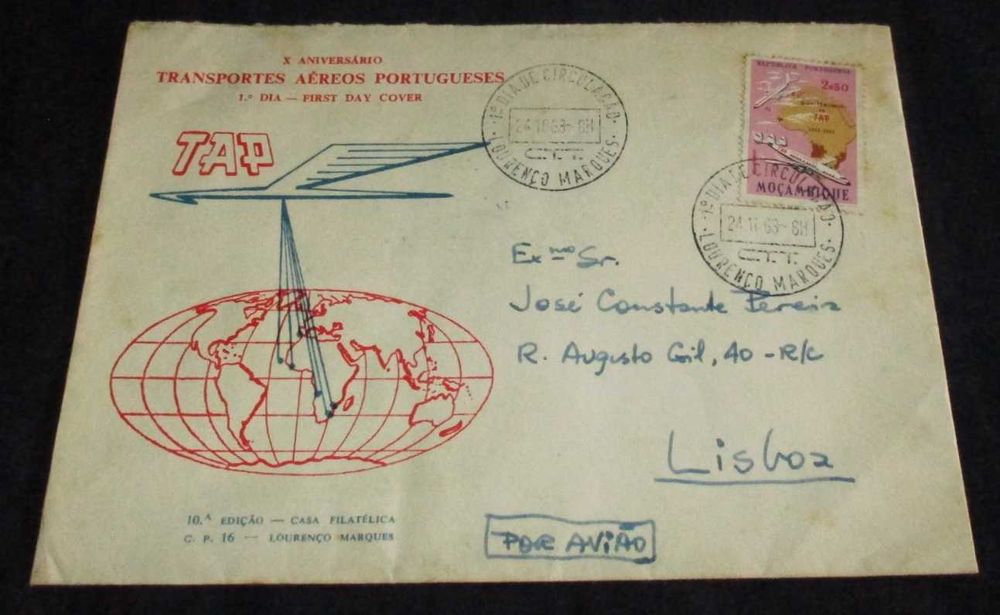 Sobrescrito 1º Dia FDC 1963 Envelope circulado Lourenço Marques/Lisboa