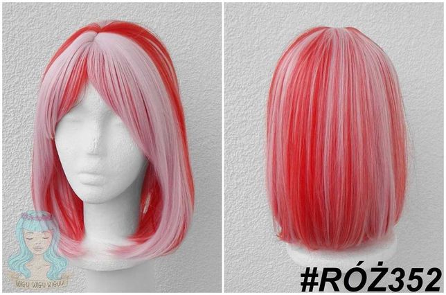 Różowa peruka z czerwonymi pasemkami prostą grzywką cosplay wig