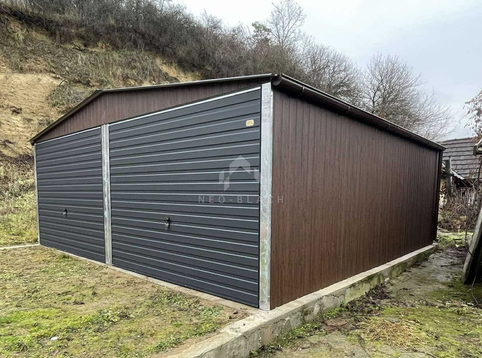 Garaż Blaszany 6X5,8M 2X Brama Uchylna Drewnopodobny Rynny  Nb447