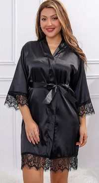 Чорний жіночий атласний халат  пеньюар L/XL Атласный женский халат
