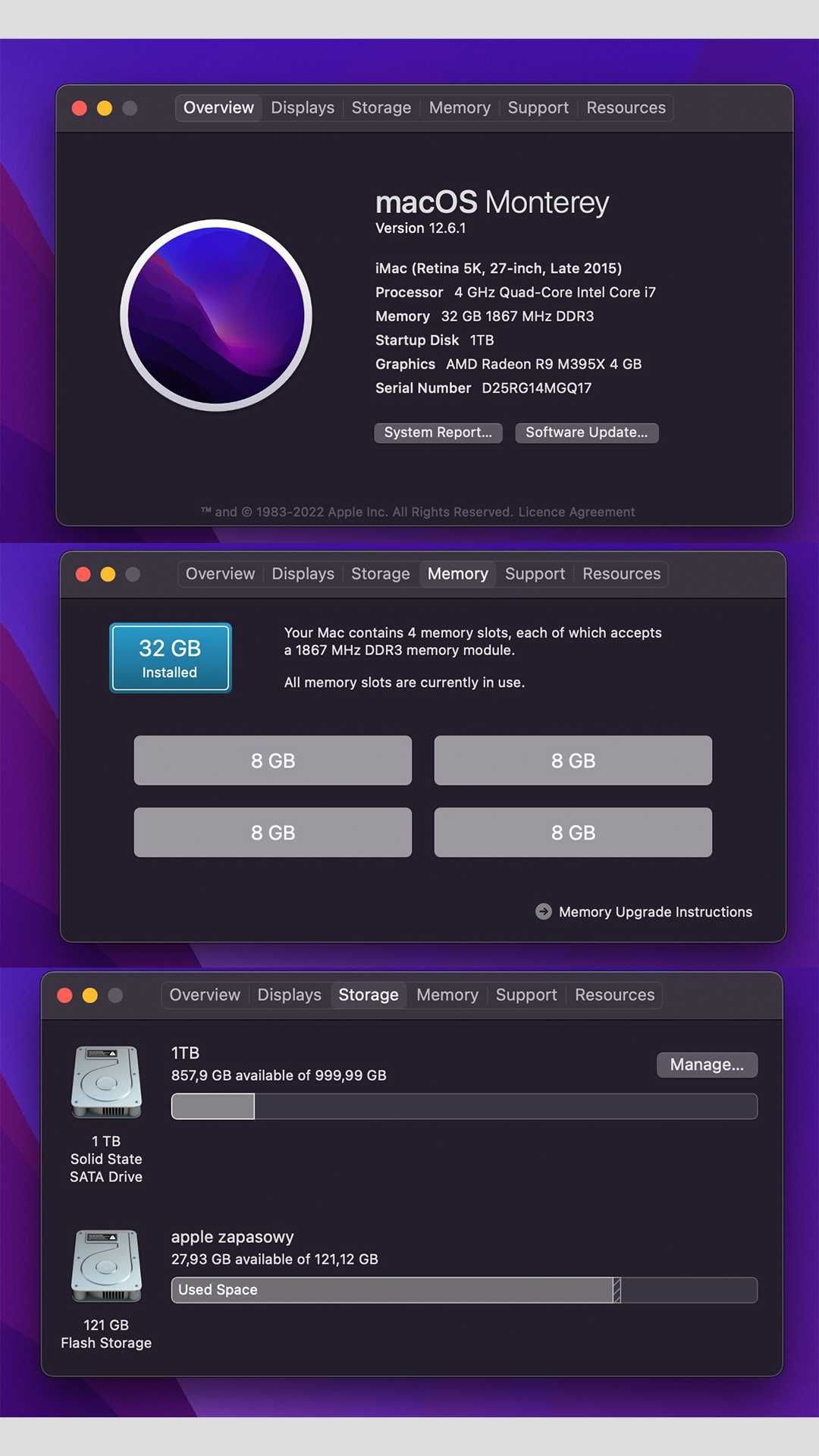 Sprzedam iMaca 27’ Retina 5k Late 2015 32GB 4GHz 128GB ssd + 1TB sata