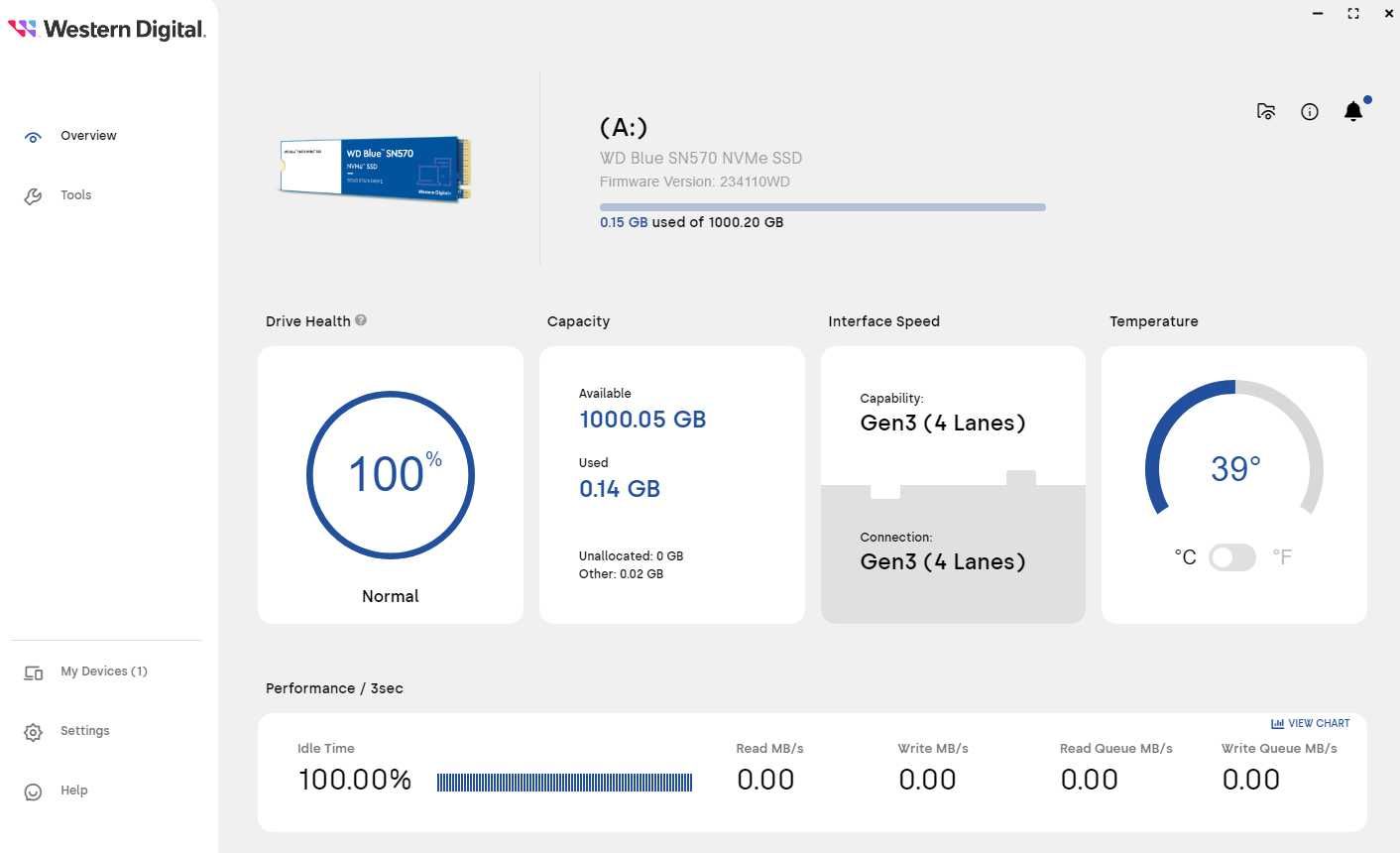 SSD Western Digital Blue NVMe 1TB M.2 PCIe 3.0 x4 3D NAND (TLC)