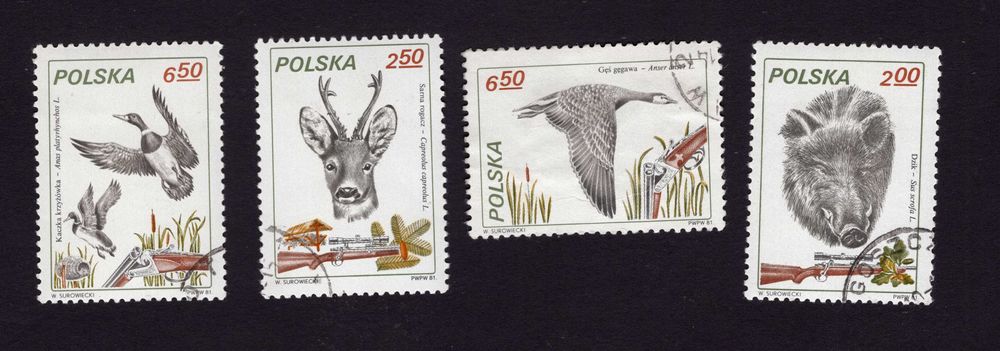 Znaczki 4 szt. Łowiectwo Fi 2607, 2605, 2606, 2603 Polska 1981 U