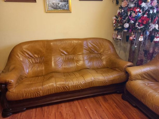 Duża sofa i dwa fotele, skóra musztardowa stan jak na zdjęciu