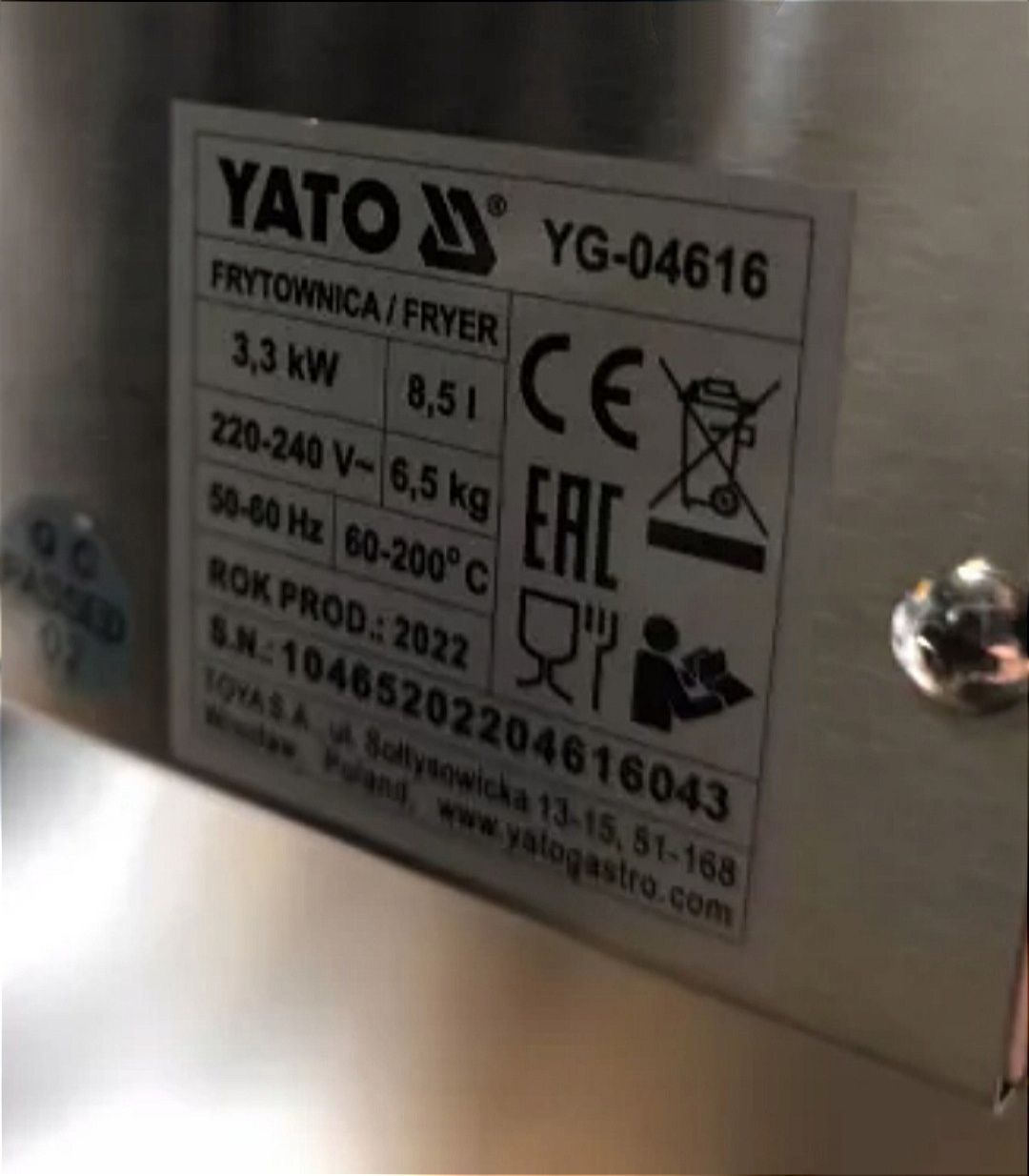 Frytownica YATO YG-04616 jedokomorowa 8,5L 3,3kW